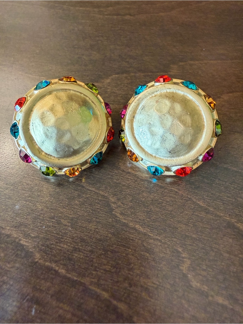Vintage Matte Gold Tone Domed Clip On Earrings with Multi-Color Crystal Accents